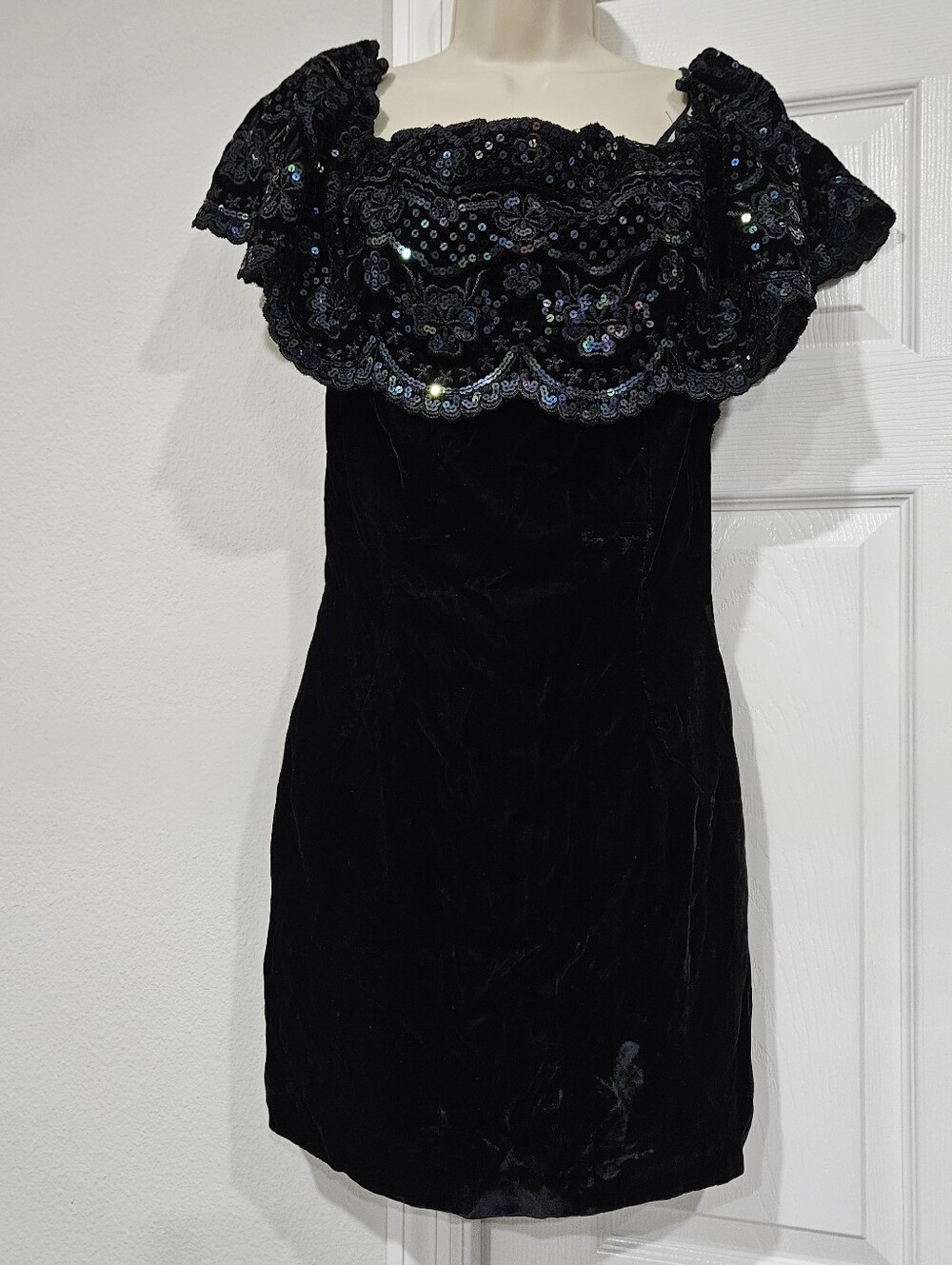 Vintage 80s Black Velvet Off-Shoulder Sequin Cocktail Dress